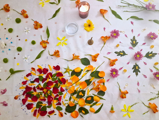 Fresh flower Mandalas on a white table cloth