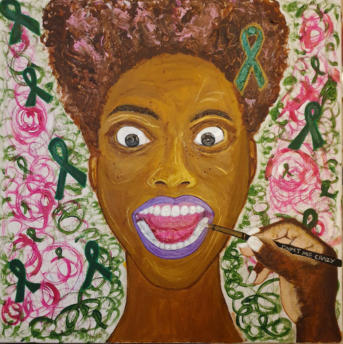 Artwork of a Black Woman looking crazed with the words "Paint Me Crazy" on the paint brush held by someone else. 