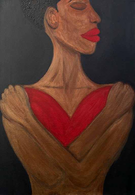  Heart to Hold — painting by Amja of a Black woman holding herself, a red heart visible at her centre. Amja Unabashedly™