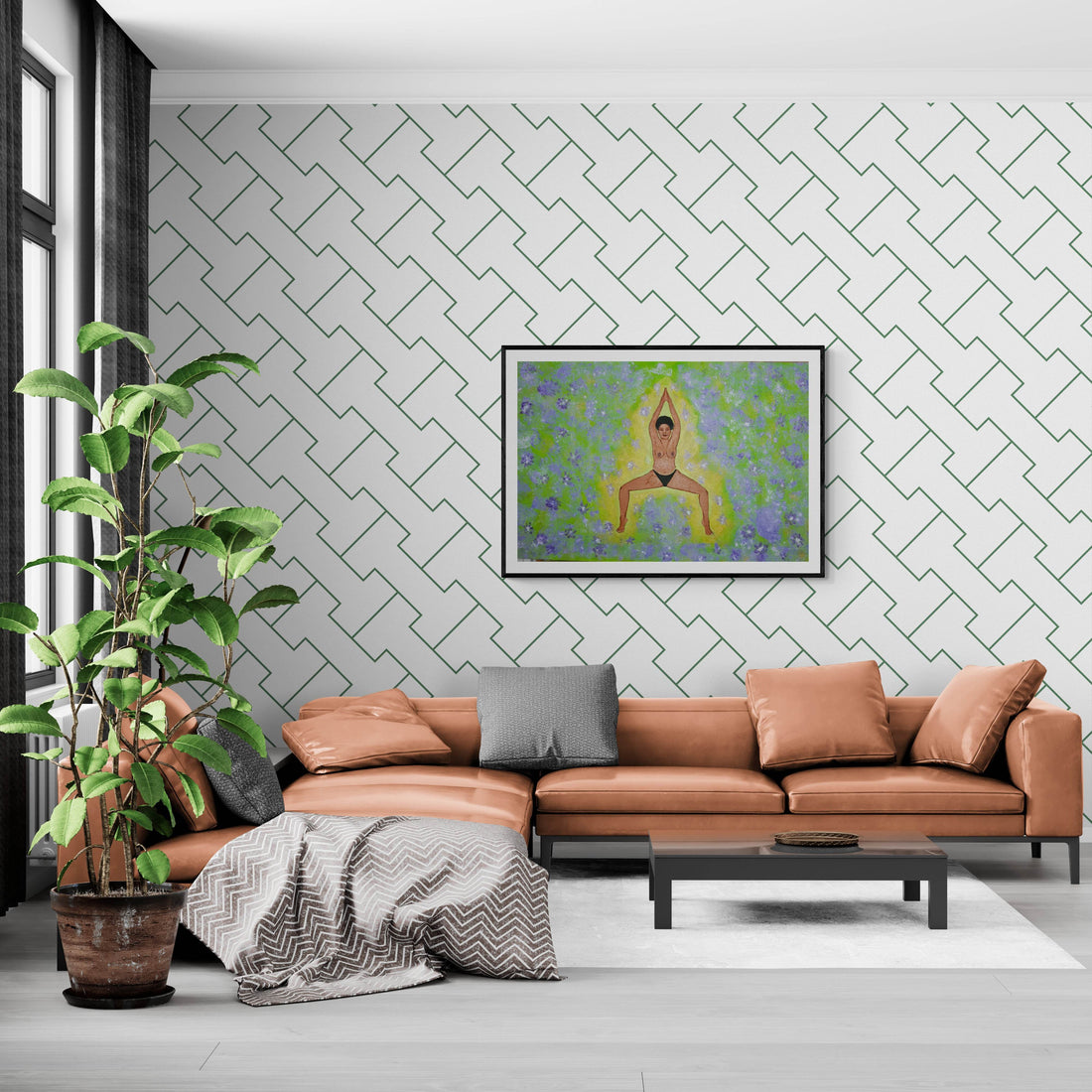 Spring Goddess. Fine art by Amja Unabashedly. Art collector piece centred above a peach sofa