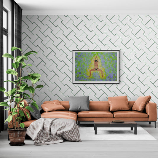 Spring Goddess. Fine art by Amja Unabashedly. Art collector piece centred above a peach sofa