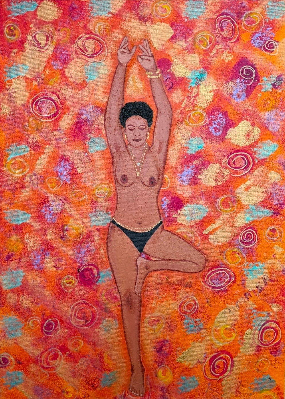 Summer's Tree — a figure in full extension, arms raised, balanced and present. Part of the Seasons of Resilience collection by Amja Unabashedly™. A painting that holds the energy of full growth arrived at through stillness.