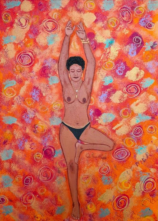 Summer's Tree — a figure in full extension, arms raised, balanced and present. Part of the Seasons of Resilience collection by Amja Unabashedly™. A painting that holds the energy of full growth arrived at through stillness.