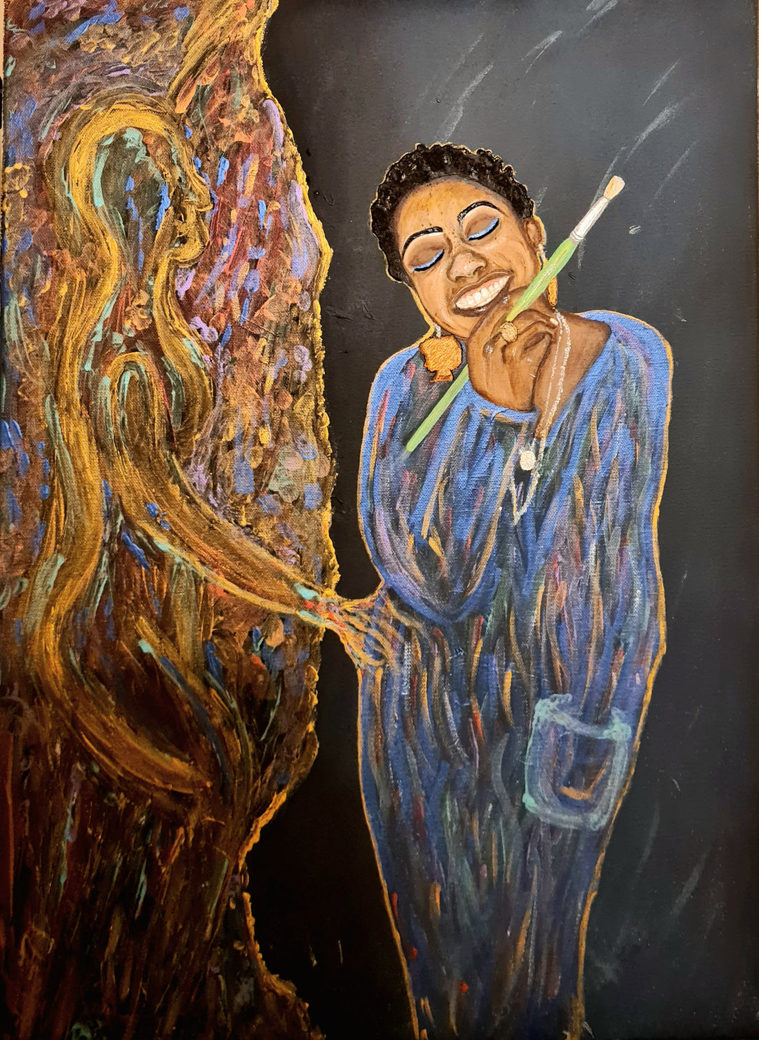 Skin Ya Teet — original painting by Antonia (Amja) Lee. A Black woman in a blue robe, eyes closed, smiling with full embodied joy, holding a paintbrush, with a golden energy form beside her. Unabashed Narratives collection, Amja Unabashedly.