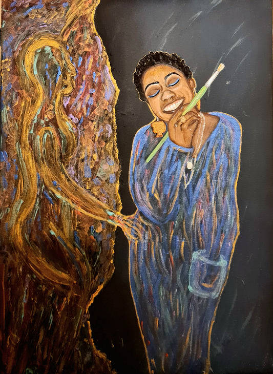 Skin Ya Teet — original painting by Antonia (Amja) Lee. A Black woman in a blue robe, eyes closed, smiling with full embodied joy, holding a paintbrush, with a golden energy form beside her. Unabashed Narratives collection, Amja Unabashedly.