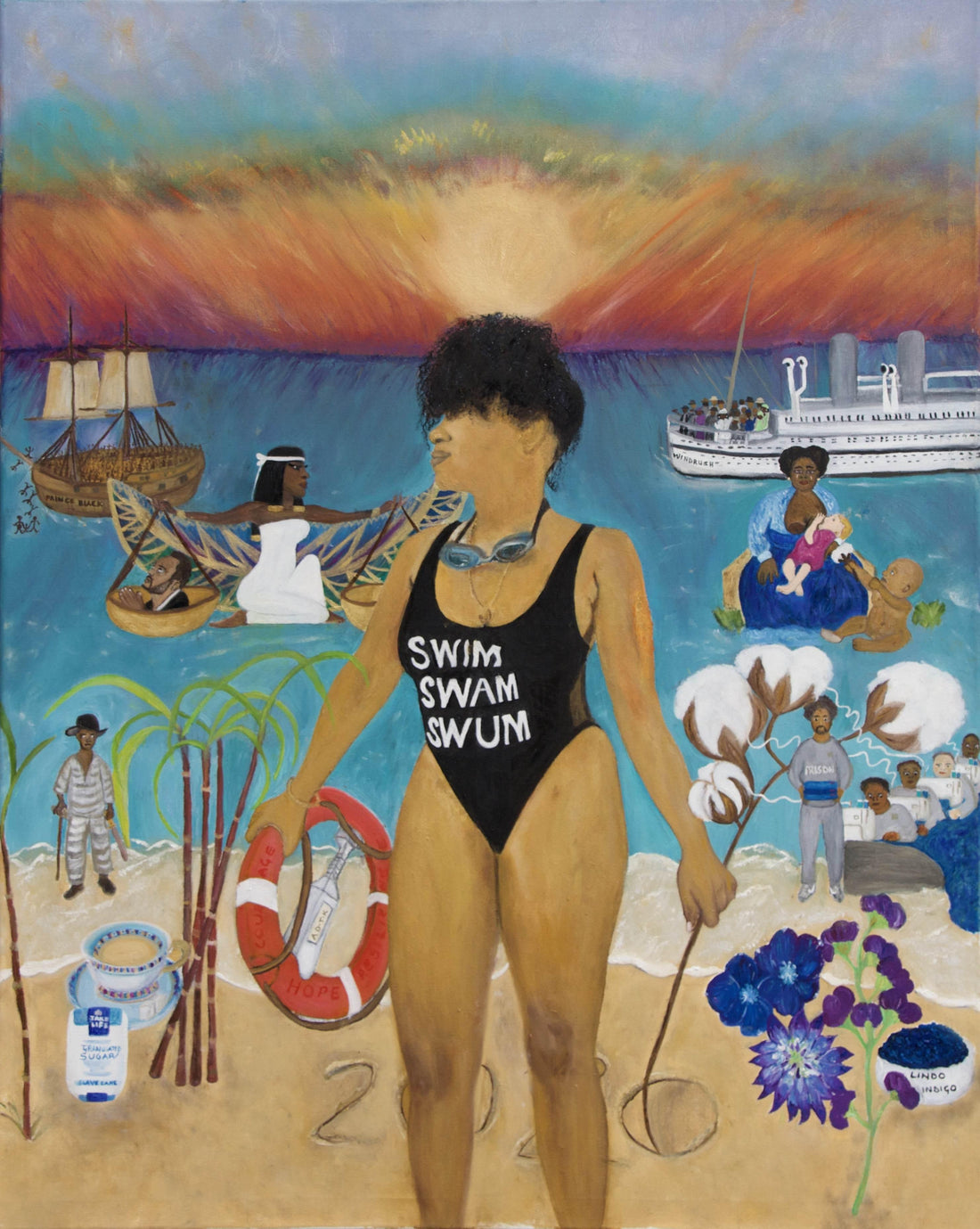 Swim Swam Swum contemporary artwork by Amja Unabashedly - A woman wearing a black swimming constum with the words Swim, Swam Swum on the front.