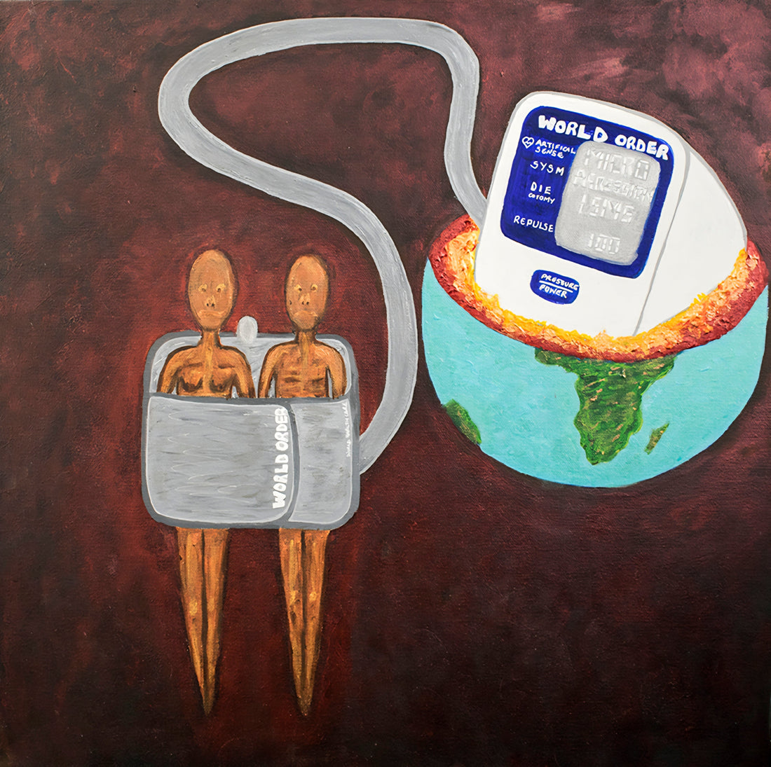 World Order contemporary artwork by Antonia (Amja) Lee. Visual of a blood pressure monitor in the molten heat of the earths core. 